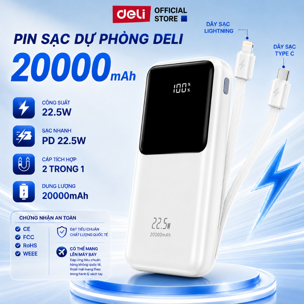 Pin Sạc Dự Phòng DELI 10000mAh 20000mAh Sạc Nhanh 22.5W Tích Hợp 2 Dây Cáp Sạc Nhiều Thiết Bị