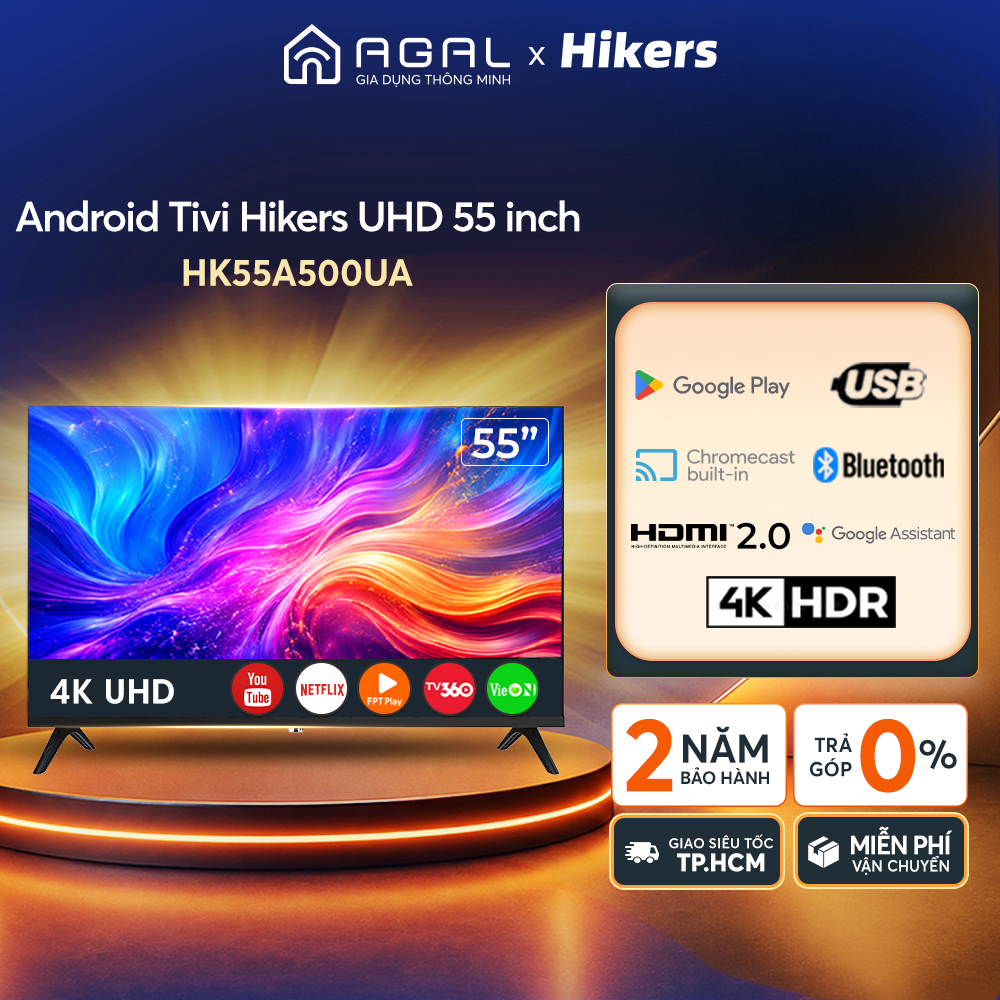 Smart tivi Hikers 55 inch 4K HK55A500UA Điều khiển bằng giọng nói, Trả góp 0% - Bảo hành 2 năm
