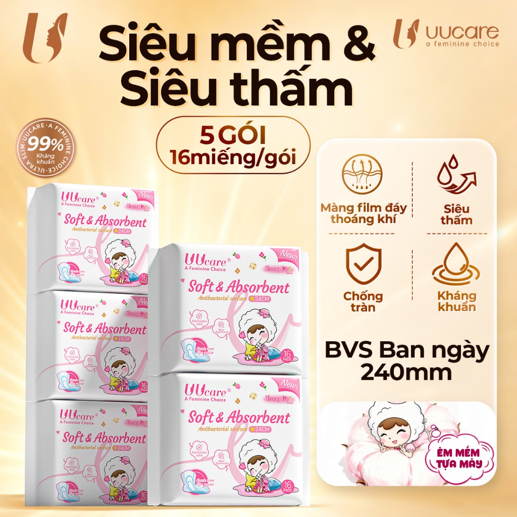 [Combo 5 gói] Băng Vệ Sinh UUcare Singapore Young Girl Kháng Khuẩn 24cm 16 Miếng