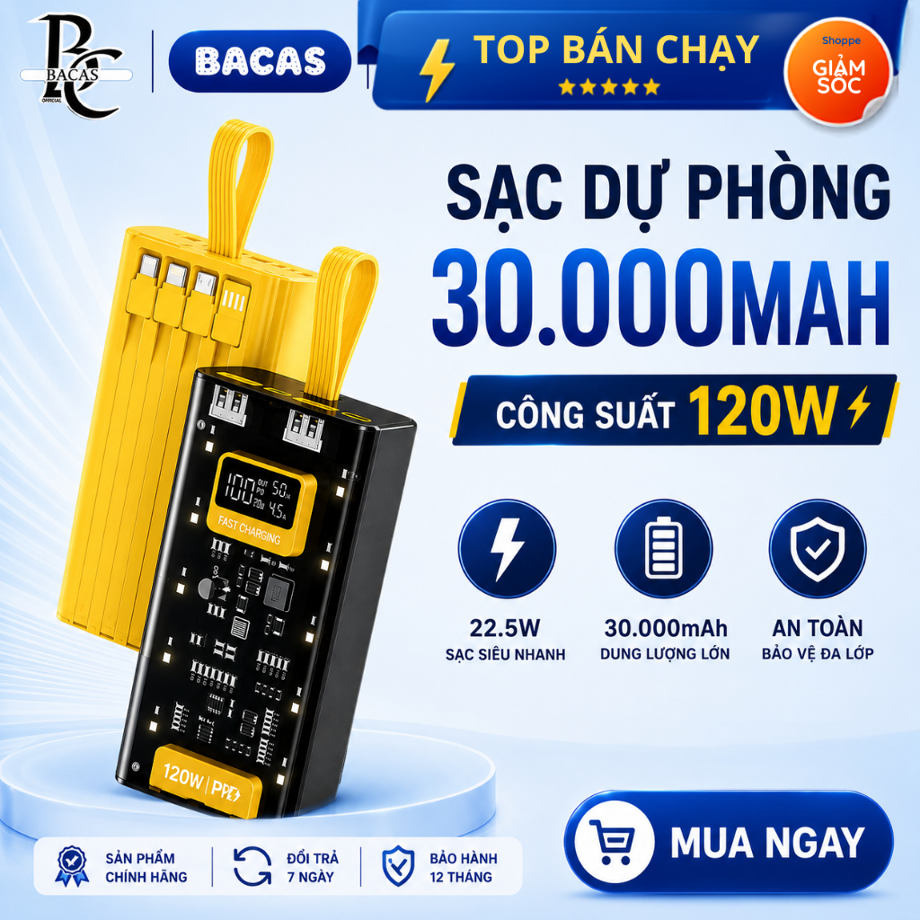 Sạc Dự Phòng 30.000mAh, Công suất cực đại 120W, Thiết kế 4 dây sạc sẵn, Màn hình LED thông minh %Pin