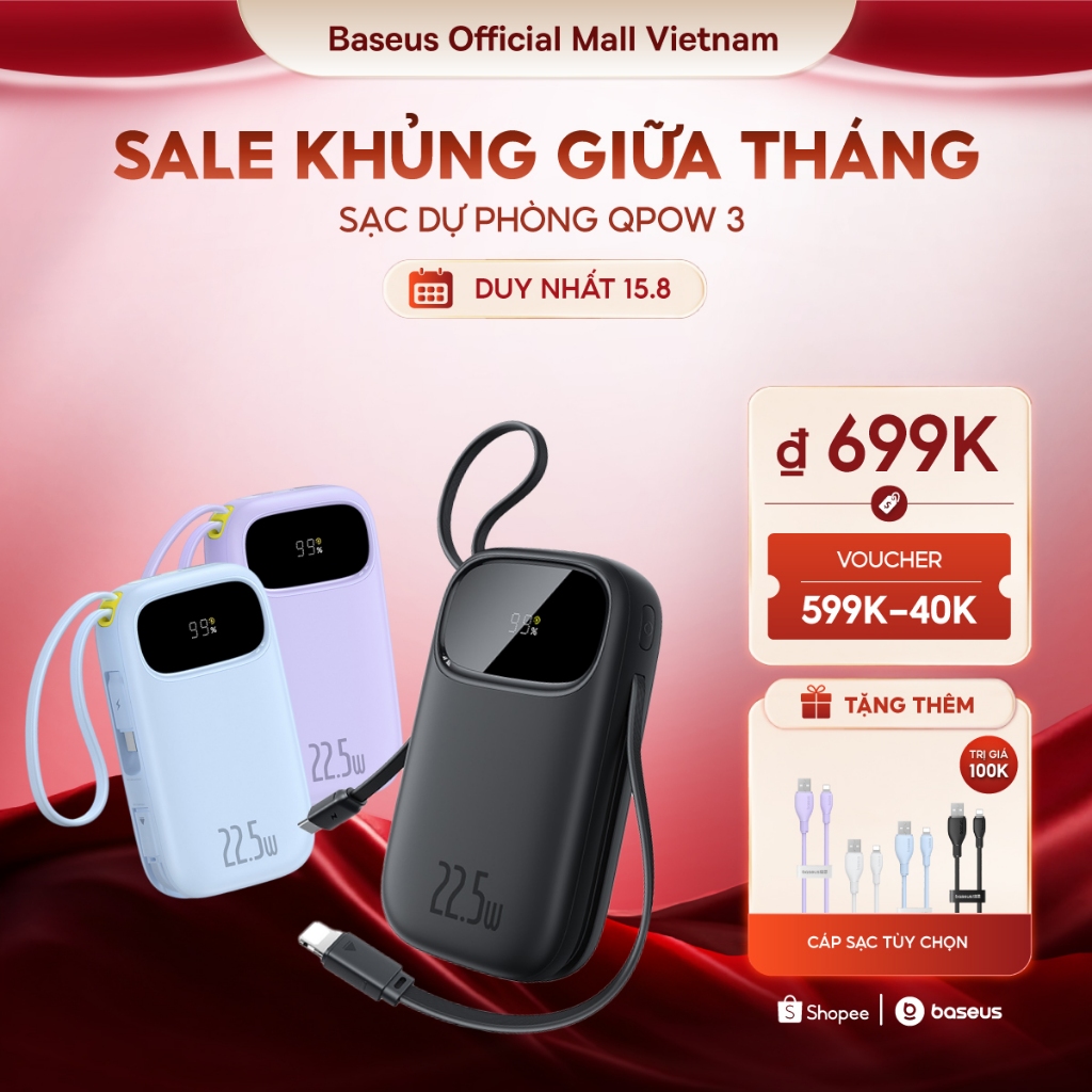 [CCC-MỚI VỀ] Sạc dự phòng Baseus Qpow3 20000mAh/10000mAh PD22.5W Màn Số LED Cáp Kép Sạc Nhanh 2 Thiết Bị