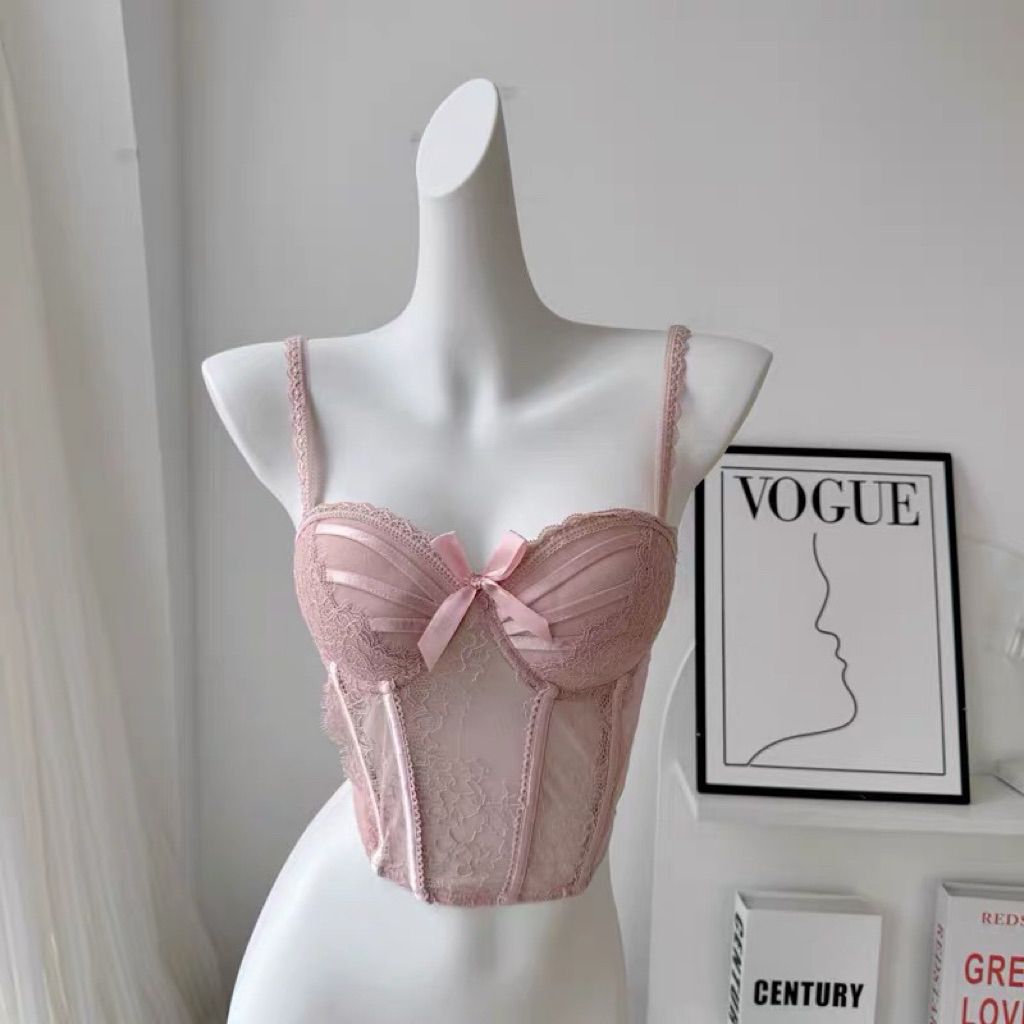 Áo Corset Ren Hồng Pastel Cúp Ngực Dây Đan Sau Lưng Dáng Ôm Tôn Eo Phối Nơ Nữ Tính