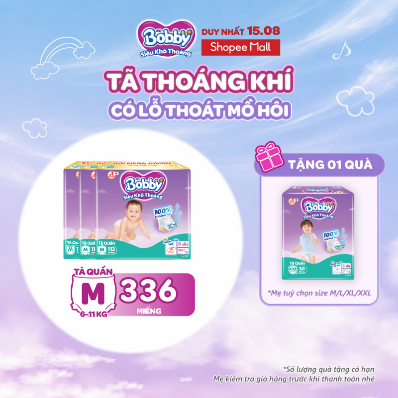 [TẶNG MIẾNG NGẪU NHIÊN] Combo 3 tã quần Bobby Siêu Khô Thoáng - 100% Thoáng Khí Mega Jumbo M112/L96/XL84/XXL76