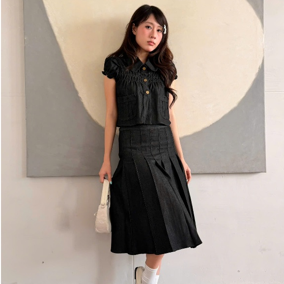 NAVIE -  Chân váy jeans dài xếp ly ROMY thời trang nữ | BigBuy360 - bigbuy360.vn