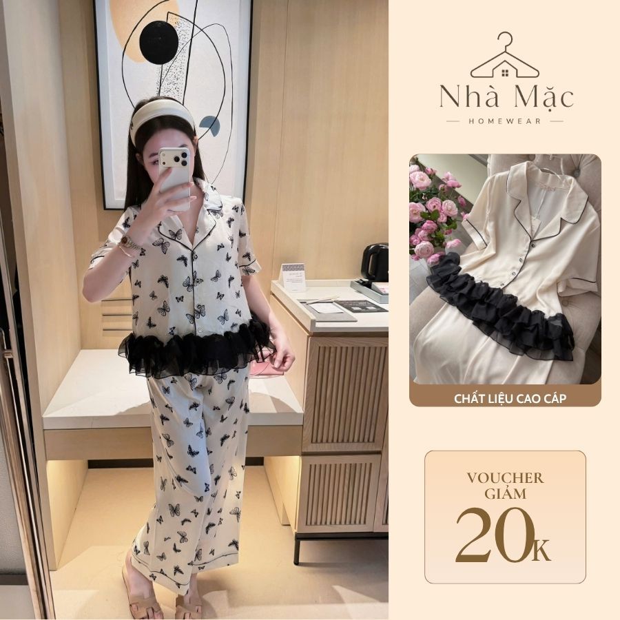 Bộ mặc nhà cao cấp nữ, bộ đồ ngủ nữ áo cộc quần dài, set cộc dài trơn tua rua 0823 chất lụa mềm mát