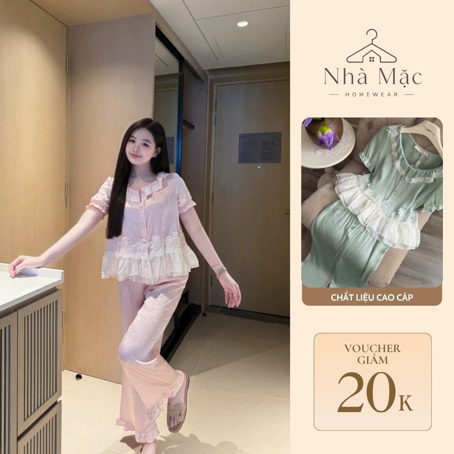 Bộ mặc nhà cao cấp nữ, bộ đồ ngủ nữ áo cộc quần dài, set cộc dài cổ sen ren 1331-2 chất lụa mềm mát