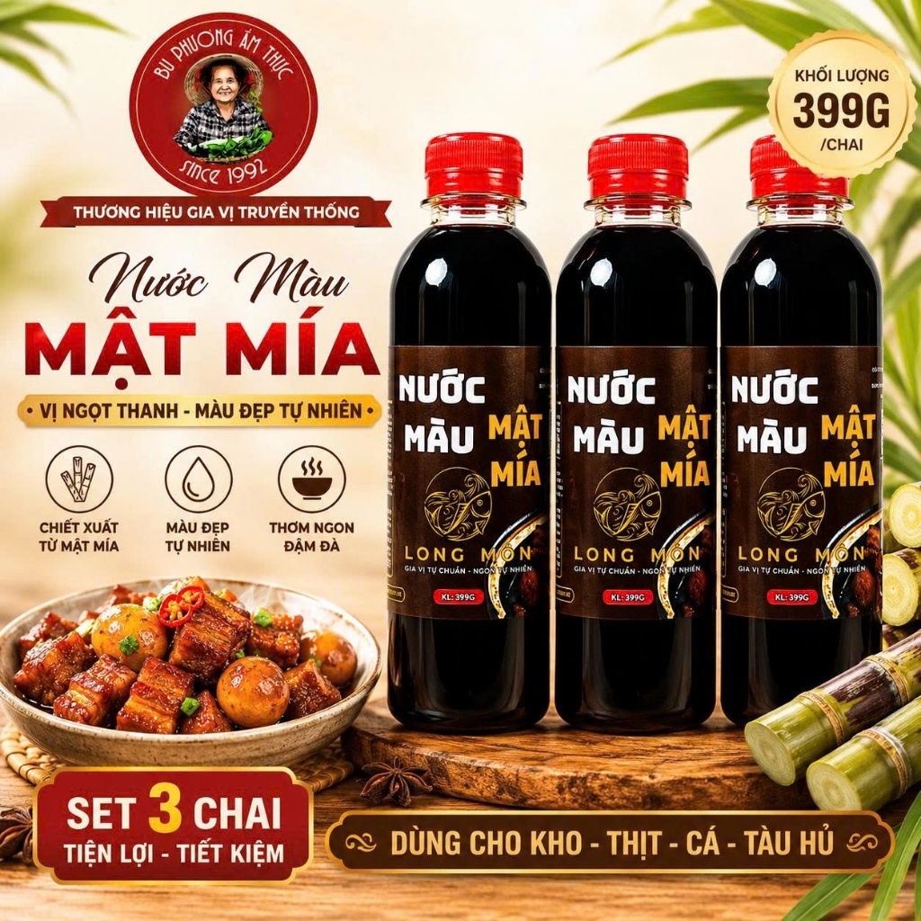 Nước Màu (Nước Hàng) Mật Mía Chai 399G – Thương Hiệu Bu Phương: Nước tạo màu cho các món kho.