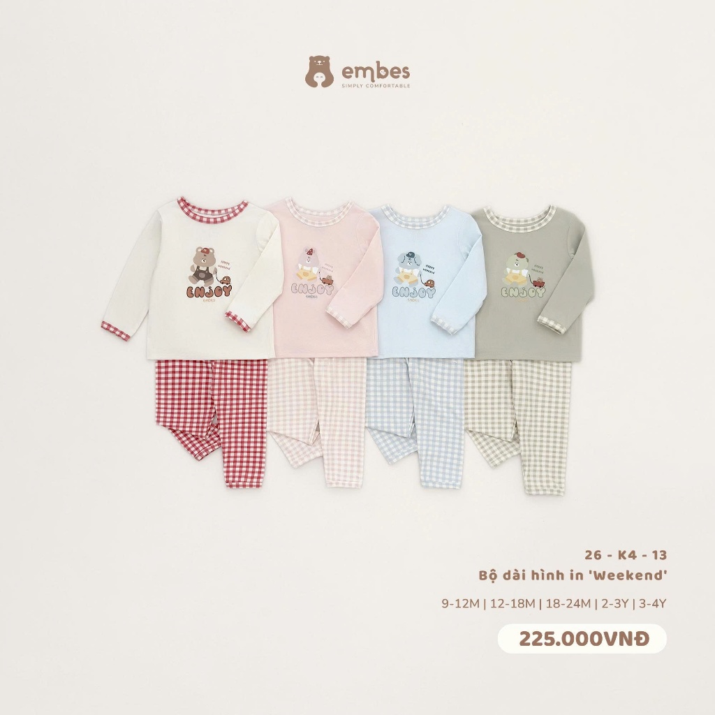 Bộ Dài Tay Cho Bé Embes, Bộ Thu Đông Họa Tiết Phối Quần Caro Chất Lyocell Mềm Cho Bé Size Từ 8-18kg