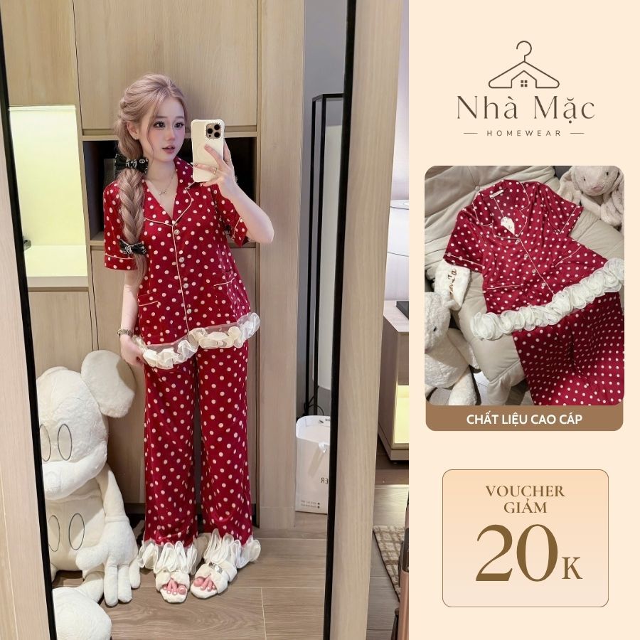 Bộ mặc nhà cao cấp nữ, bộ đồ ngủ nữ áo cộc quần dài, set cộc dài bi hoa hồng 0214 chất lụa mềm mát