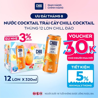 Thùng 12 Lon CHILL ĐÀO 320ml, Nước Cocktail Trái Cây Gu Nhẹ 3% Ít Cồn - CHILL COCKTAIL LIGHT