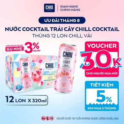 Thùng 12 Lon CHILL VẢI 320ml, Nước Cocktail Trái Cây Gu Nhẹ 3% Ít Cồn - CHILL COCKTAIL LIGHT