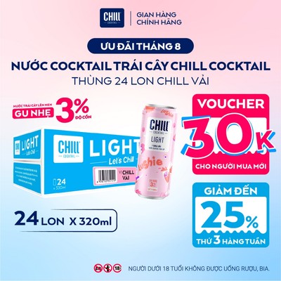 Thùng 24 Lon CHILL VẢI 320ml, Nước Cocktail Trái Cây Gu Nhẹ 3% Ít Cồn - CHILL COCKTAIL LIGHT