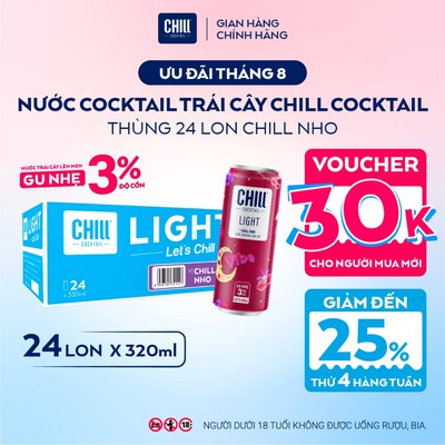 Thùng 24 Lon CHILL NHO 320ml, Nước Cocktail Trái Cây Gu Nhẹ 3% Ít Cồn - CHILL COCKTAIL LIGHT