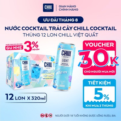 Thùng 12 Lon CHILL VIỆT QUẤT 320ml, Nước Cocktail Trái Cây Gu Nhẹ 3% Ít Cồn - CHILL COCKTAIL LIGHT