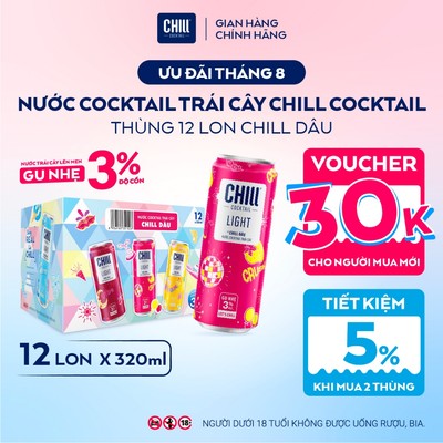 Thùng 12 Lon CHILL DÂU 320ml, Nước Cocktail Trái Cây Gu Nhẹ 3% Ít Cồn - CHILL COCKTAIL LIGHT