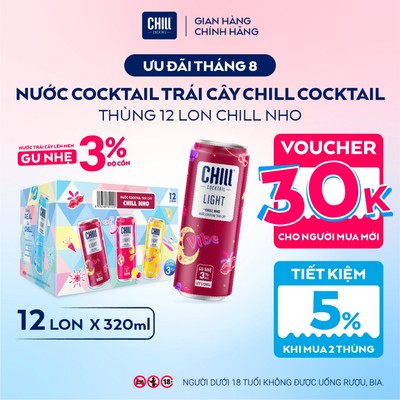 Thùng 12 Lon CHILL NHO 320ml, Nước Cocktail Trái Cây Gu Nhẹ 3% Ít Cồn - CHILL COCKTAIL LIGHT