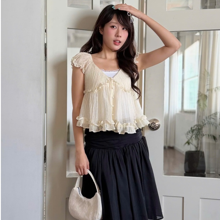 NAVIE  (CÓ BIGSIZE) - (TẶNG KÈM ÁO 2 DÂY TRẮNG) Áo babydoll voan WINKY phối bèo thời trang nữ | BigBuy360 - bigbuy360.vn
