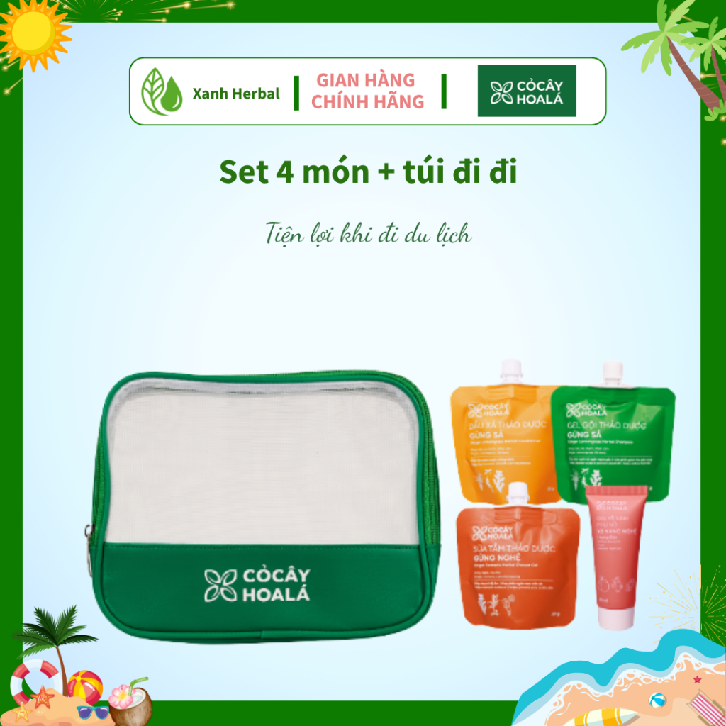 Túi mini đựng mỹ phẩm, túi đựng sữa tắm, Set mini đi du lịch Cỏ Cây Hoa Lá tiện lợi, nhỏ gọn