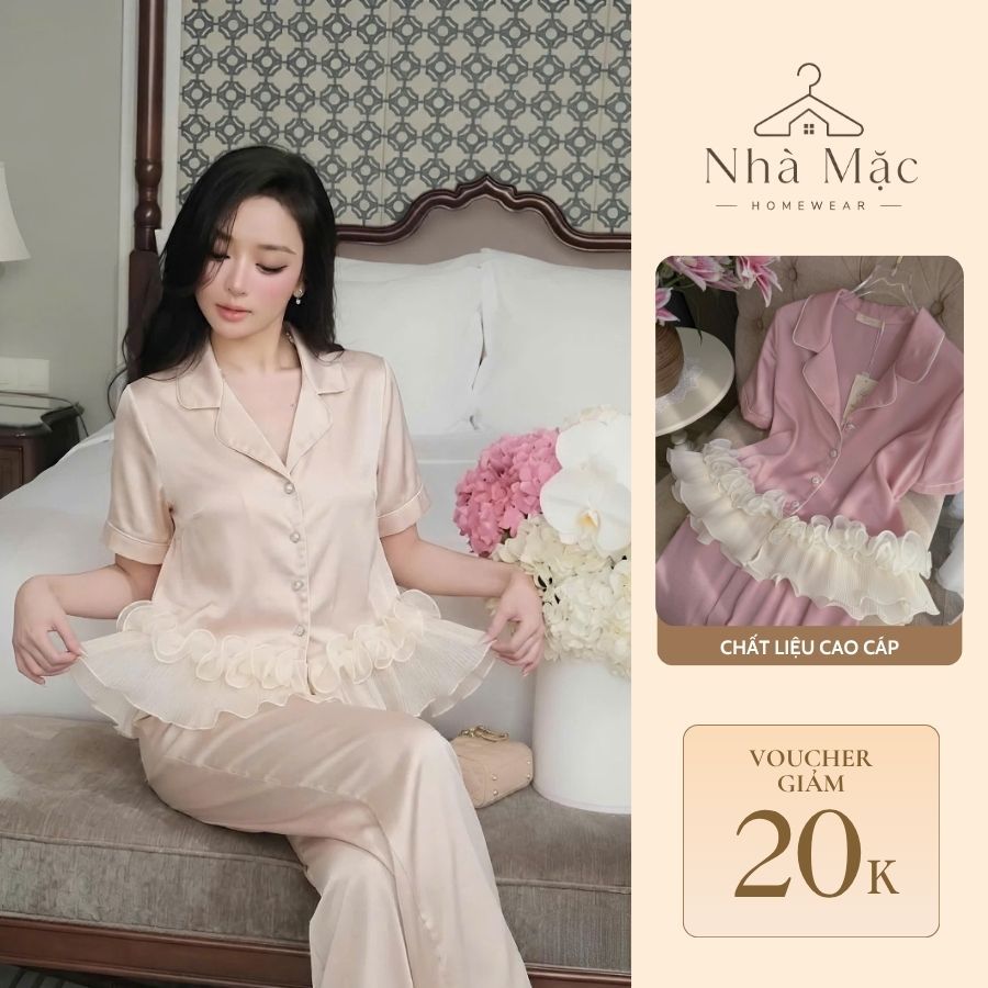 Bộ mặc nhà cao cấp nữ, bộ đồ ngủ nữ áo cộc quần dài, set cộc dài sun 2 tầng 0890 chất lụa mềm mát