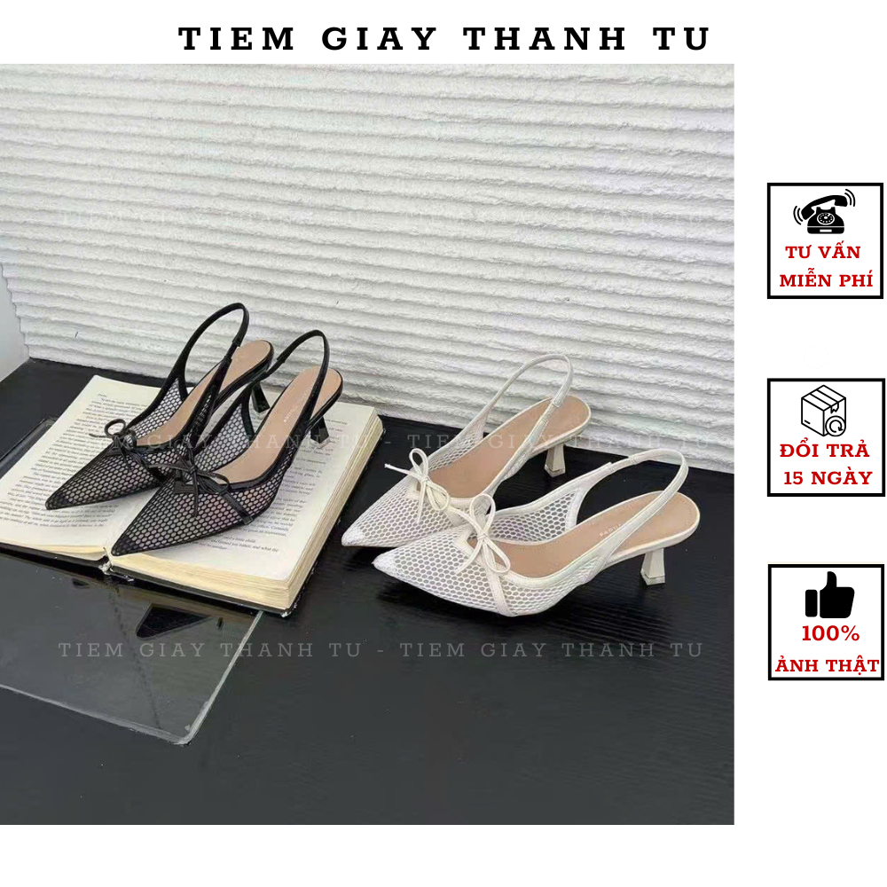 507 [TIEMGIAYTHANHTU]Sandal Cao Gót Mũi Nhọn Lưới Xuyên Thấu Đính Nơ Tiểu Thư Sang Chảnh - Gót Nhọn 5cm