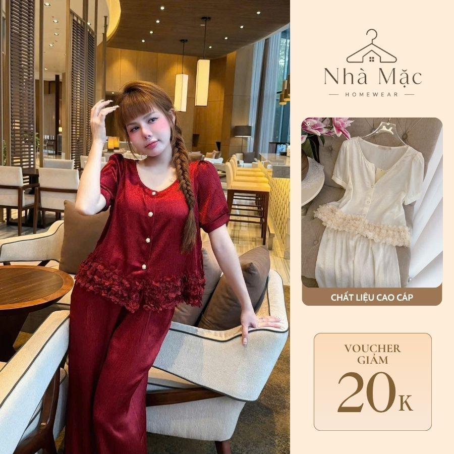 Bộ mặc nhà cao cấp nữ, bộ đồ ngủ nữ áo cộc quần dài, set cộc dài xốp 0884-2 chất lụa mềm mát
