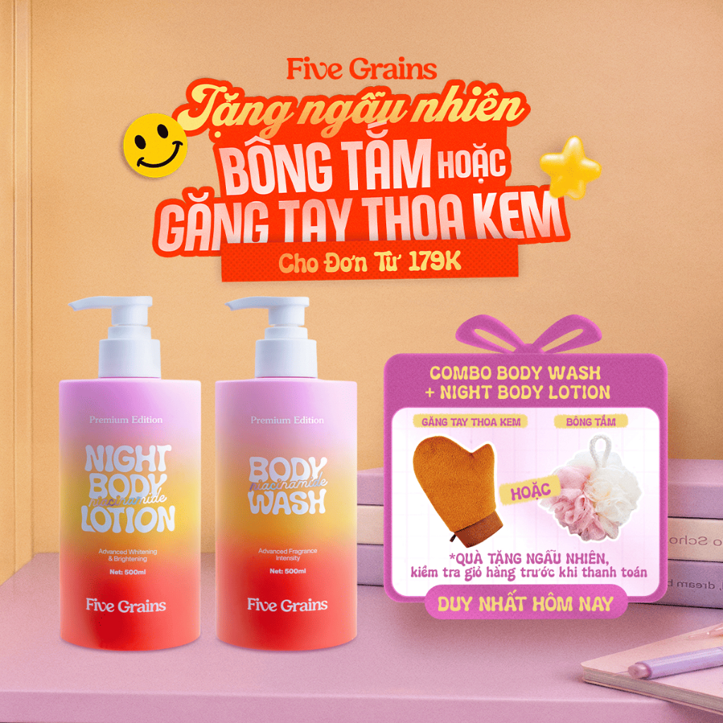 Combo dưỡng trắng da body sữa tắm, kem dưỡng ban đêm Five Grains Niacinamide, Alpha-Arbutin 500ml | BigBuy360 - bigbuy360.vn