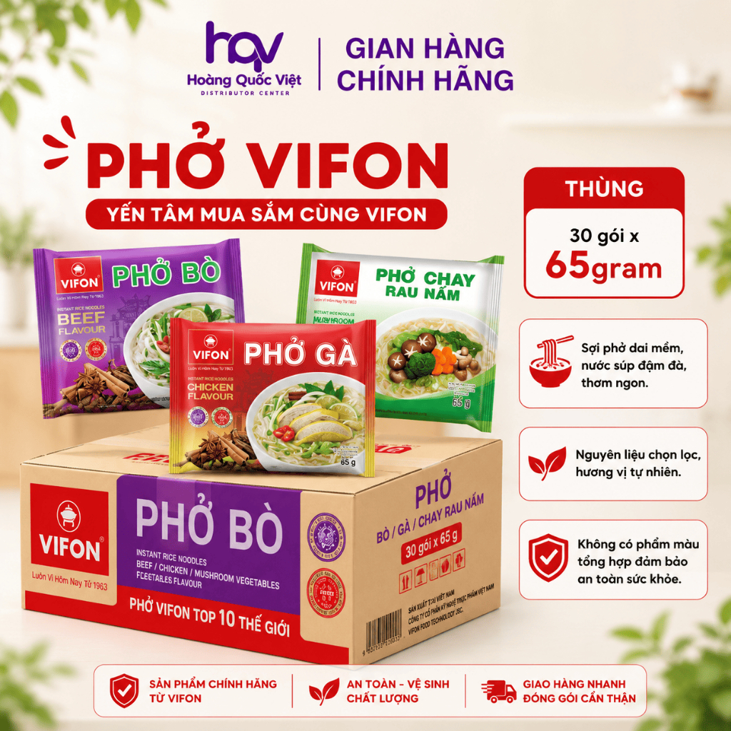VIFON - Thùng 30 Gói Phở Ăn Liền Bò/Gà/Chay Rau Nấm 65g VIFON Chính Hãng, Sợi Dai Mềm Đậm Đà Không Phẩm Màu