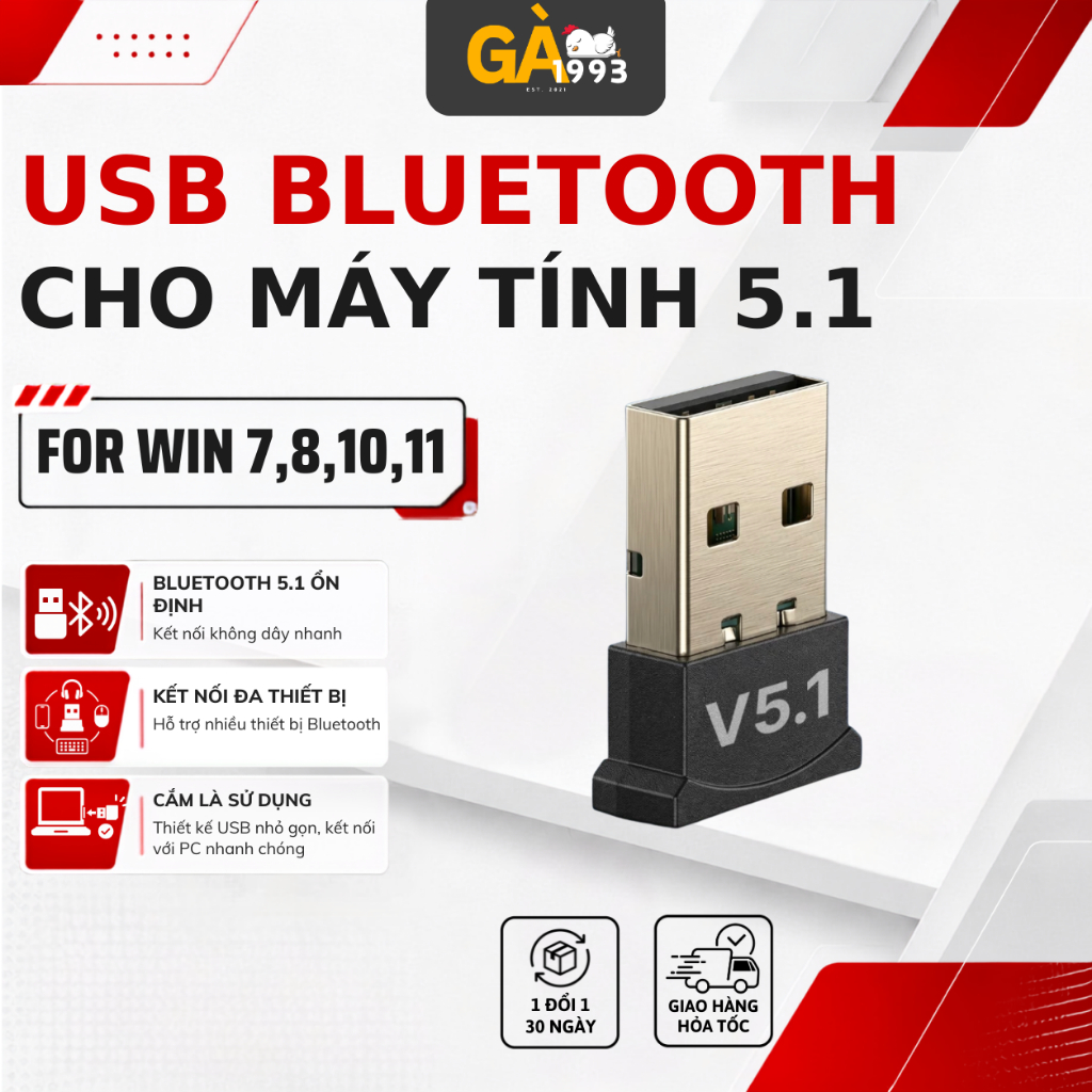 USB Bluetooth 5.1 dành cho PC - Bộ chuyển đổi Bluetooth USB nhỏ gọn tiện dụng - BCD