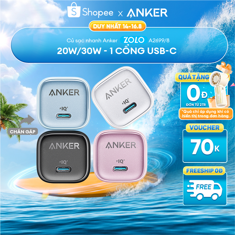 Củ sạc nhanh Anker Zolo GaN 20W/30W | 1 cổng USB-C | Sạc nhanh Power IQ 3.0 | Chân gập gấp gọn tiện lợi - A2699/8 | BigBuy360 - bigbuy360.vn