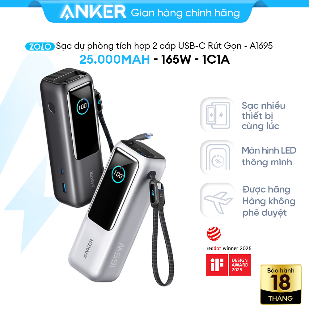 Sạc dự phòng ANKER Zolo 25kmAh | Công suất 165W | Tích hợp 2 cáp USB-C rút gọn | Có màn hình - A1695