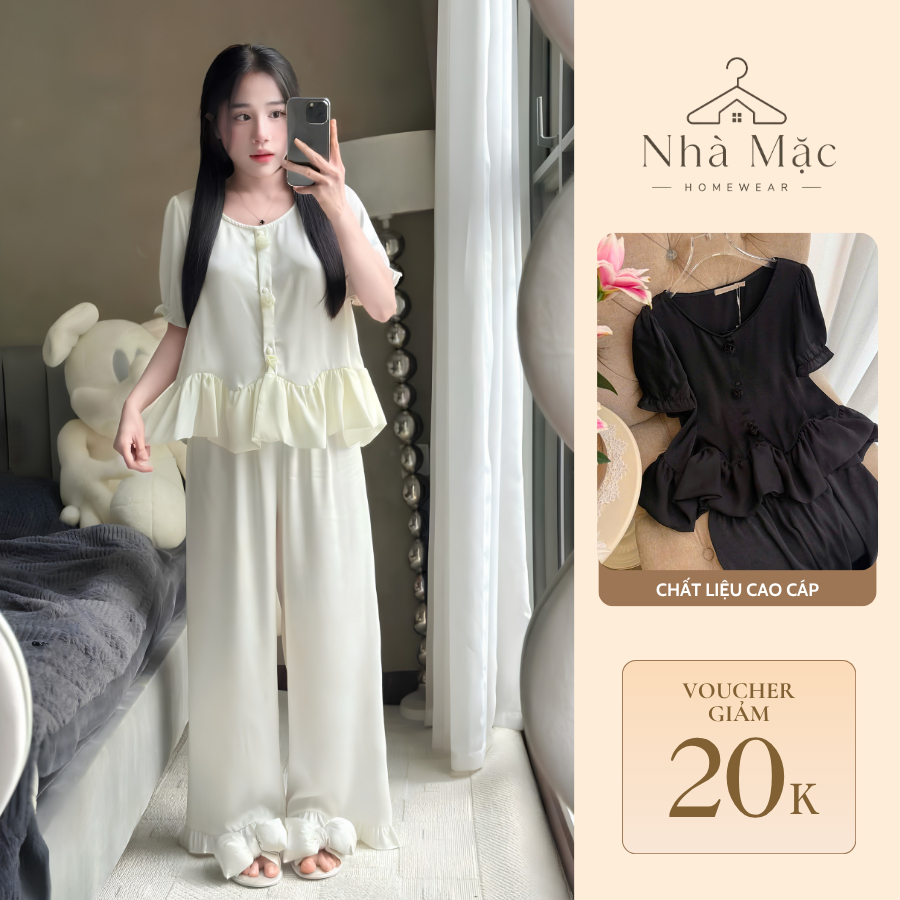 Bộ mặc nhà cao cấp nữ, bộ đồ ngủ nữ áo cộc quần dài, set cộc dài tupe hoa 0883-2 chất lụa mềm mát