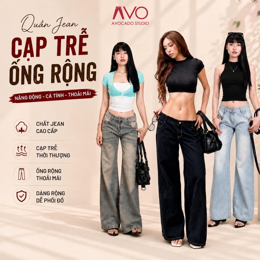 Avocado Studio - Quần jean nữ cạp lưng trễ thấp Avo Avocado ống rộng phong cách y2k N2004_755