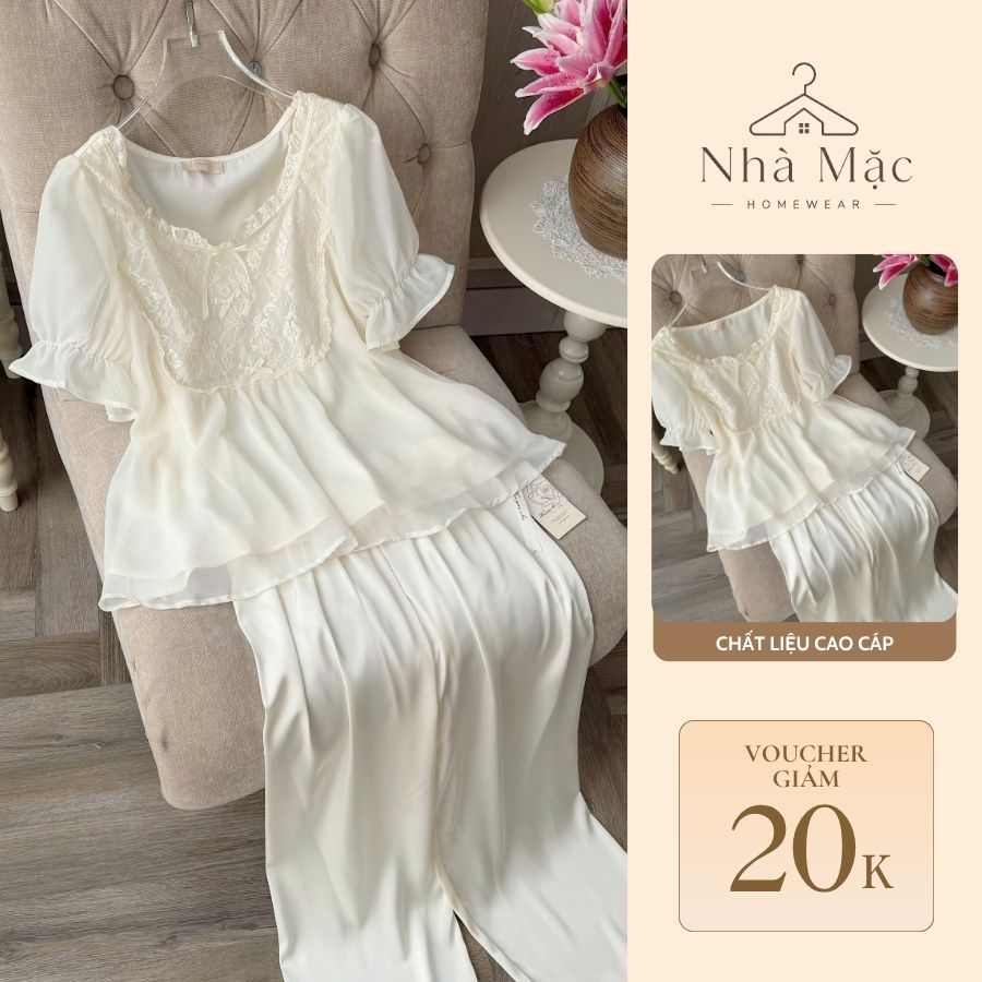 Bộ mặc nhà cao cấp nữ, bộ đồ ngủ nữ áo cộc quần dài, set cộc dài yếm vuông 0309 chất lụa mềm mát