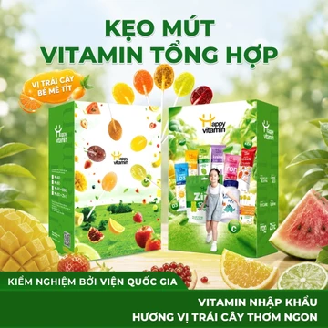Hộp kẹo Vitamin Tổng Hợp - Happy Vitamin - Bổ sung Sắt, Kẽm, Canxi, Lysine, Keo Ong Cát cánh Lê Gừng - Date Mới Nhất