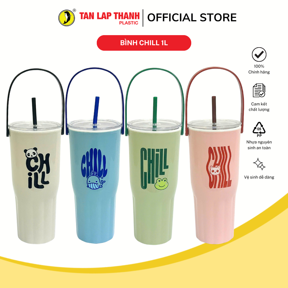 Bình Chill giữ nhiệt 1L Tân Lập Thành, ly đựng nước có quai xách nhựa PP an toàn màu pastel xinh xắn