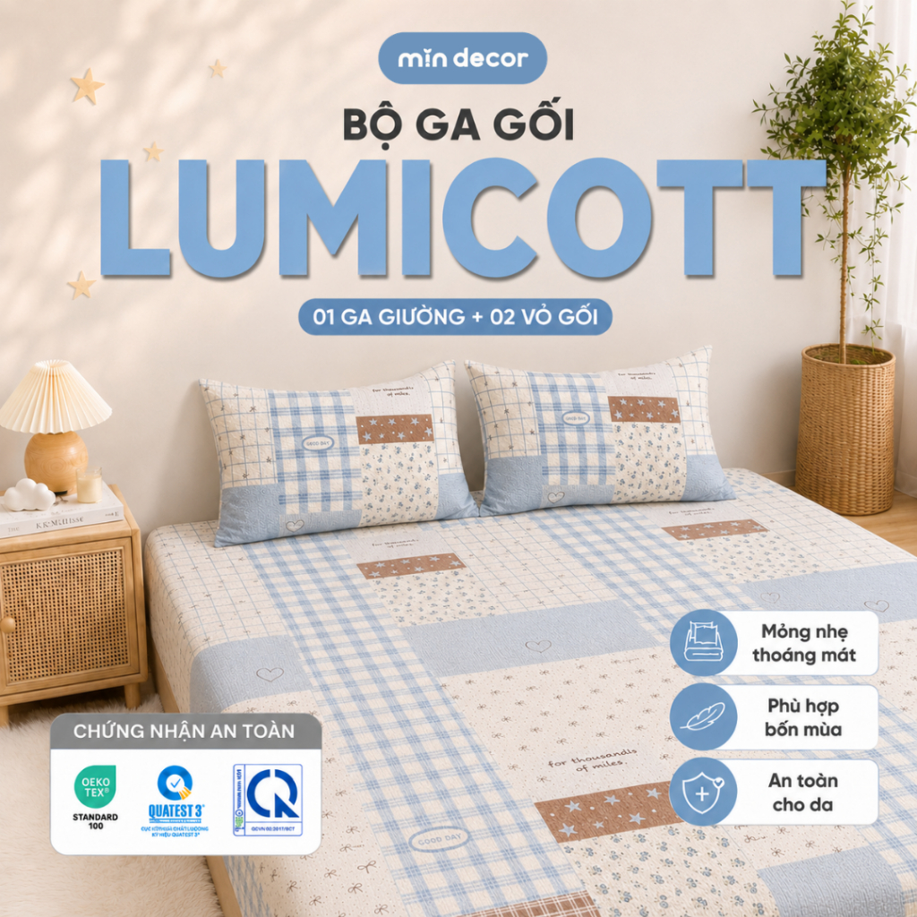 Bộ Ga Gối Lumicott Mịn Decor, Bộ 3 Món Ga Nệm Vỏ Gối 4 Mùa, Đủ Size Ga Giường, Thoáng Mát