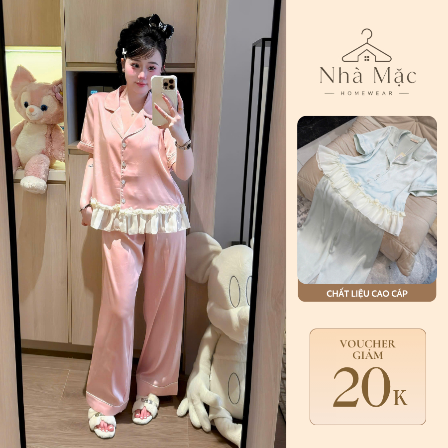 Bộ mặc nhà cao cấp nữ, bộ đồ ngủ nữ áo cộc quần dài, set cộc dài chỉ sun 0807-1 chất lụa mềm mát