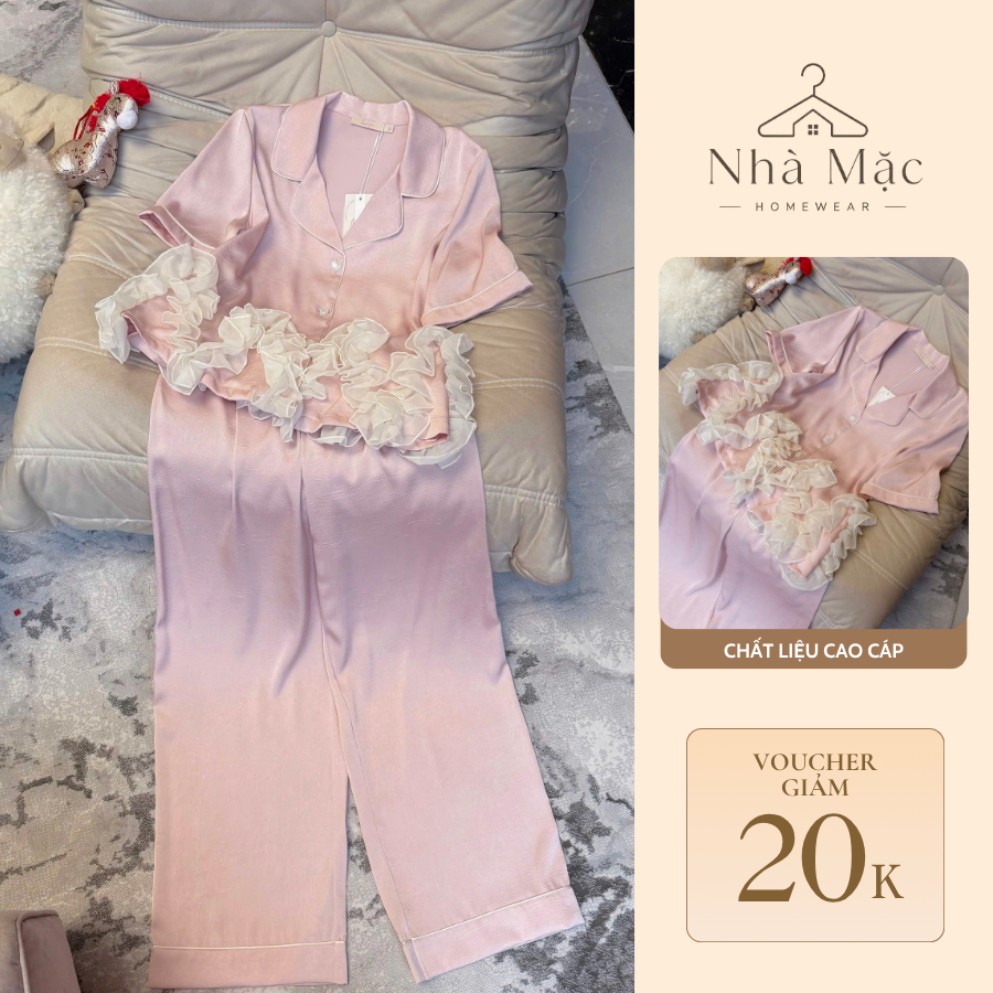 Bộ mặc nhà cao cấp nữ, bộ đồ ngủ nữ áo cộc quần dài, set cộc dài ric rắc 0097-A chất lụa mềm mát