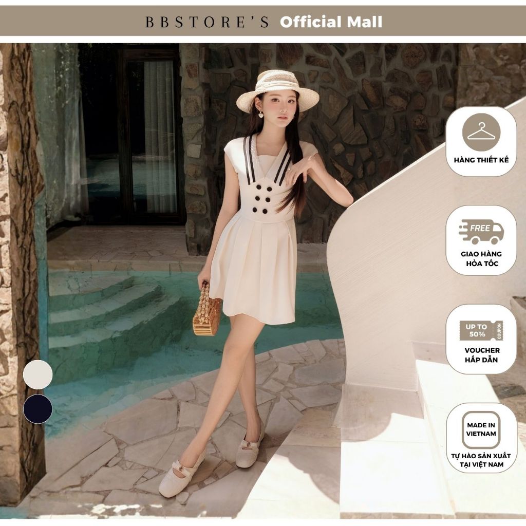 BBSTORE’S Đầm Xòe Dạo Phố Cotton Ngắn Cổ V Tay Cap Cổ Viền Nổi Kết Nút Bọc Vải - DAE76B