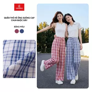 Quần dài nữ CARDINA chất liệu thô kẻ dáng suông cạp chun buộc dây 6QDT31