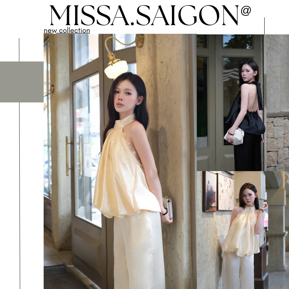 | Missa Shop| Set Áo Cổ Yếm Bí Phồng & Quần Suôn Lụa Thiết Kế Thanh Lịch, Sang Trọng, Nữ,Women