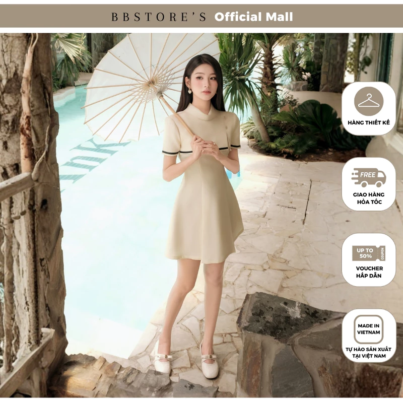 BBSTORE’S Đầm Xòe Dạo Phố Cotton Ngắn Chữ A Lật Vạt Ngực Kết Nút Váy Xếp Ly - DAE77B — ảnh 1