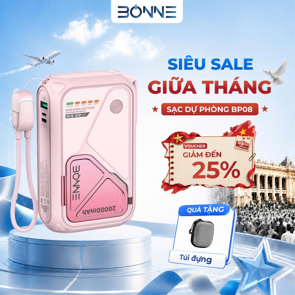 [TẶNG TÚI ĐỰNG ]Sạc Dự Phòng BP08, Củ Sạc Nhanh BONNE BP08 10.000 mAh 20.000 mAh Hỗ Trợ Sạc Không Dây