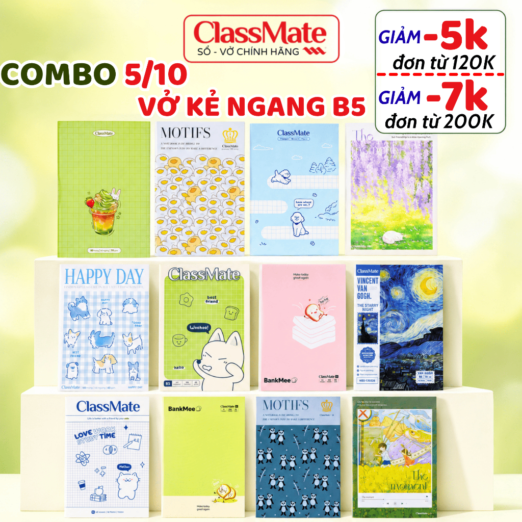 [BST 2026] Combo 5/10 Và Kẻ Ngang ClassMate BankMee, HappyDay, Vangogh 80/120/200 Trang Bìa Cứng Giấy n Mực