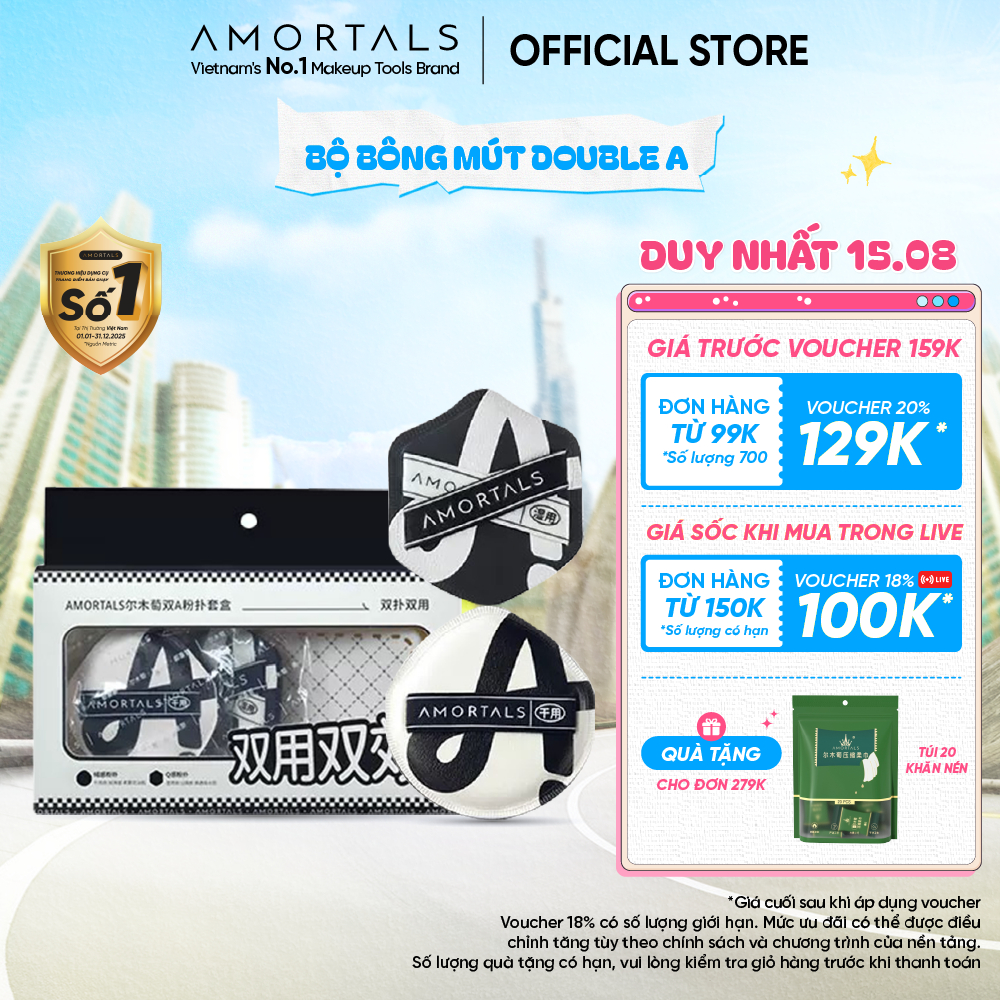 Bông Mút Trang Điểm Amortals Double A - Bề Mặt Dày, Đàn Hồi Tốt, Cho Lớp Nền Trong Suốt, Dùng Cả Khô & Ướt