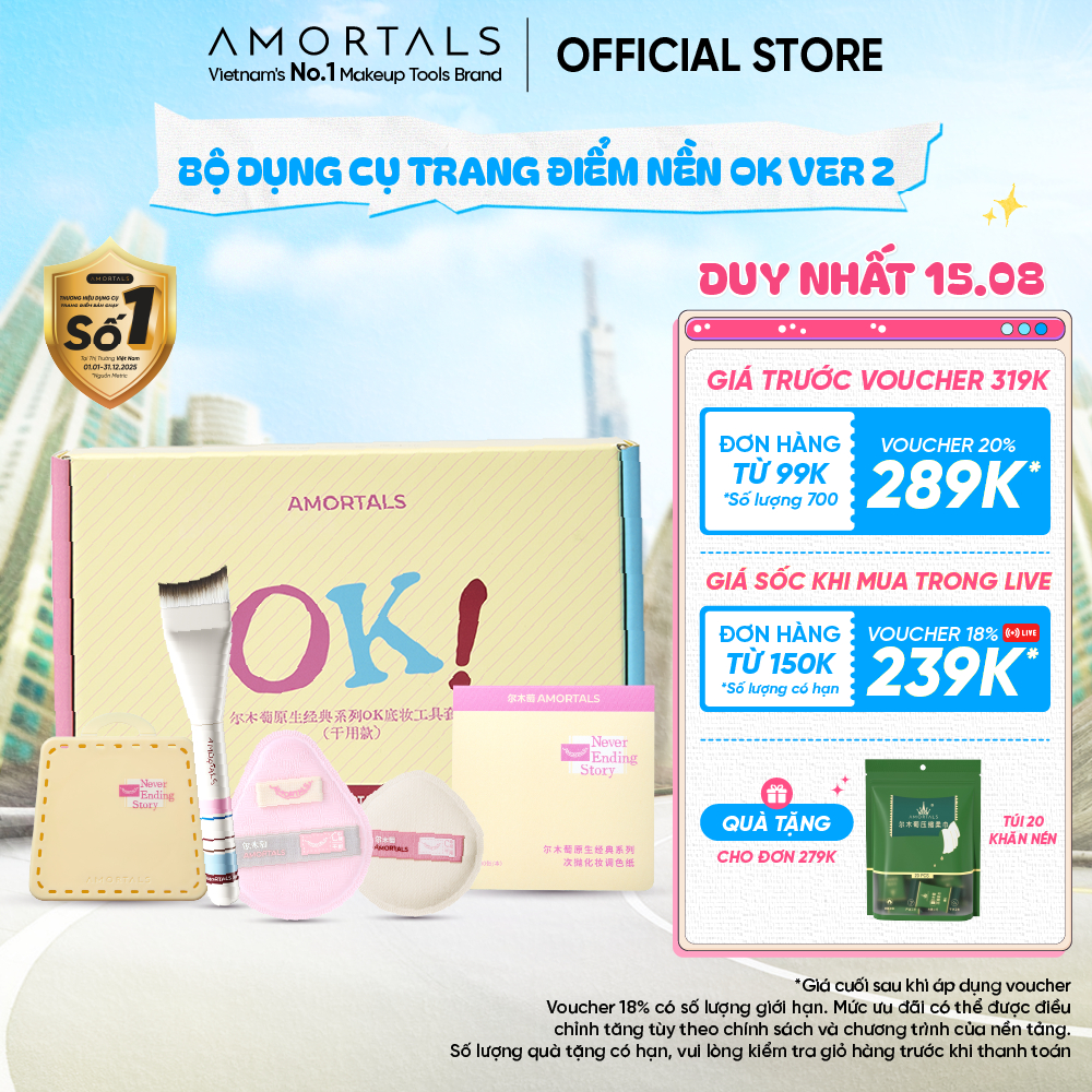 Bộ Bông Mút & Cọ Tán Nền Amortals OK Ver 2 Dùng Khô – Dễ dàng tạo lớp nền mịn mướt, độ che phủ cao, Mekup nhanh