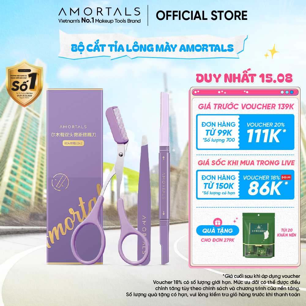Bộ Dụng Cụ Tỉa Lông Mày 3 Món Amortals Tiện Dụng, Dao Cạo Hai Đầu, Kéo, Nhíp Không Gỉ