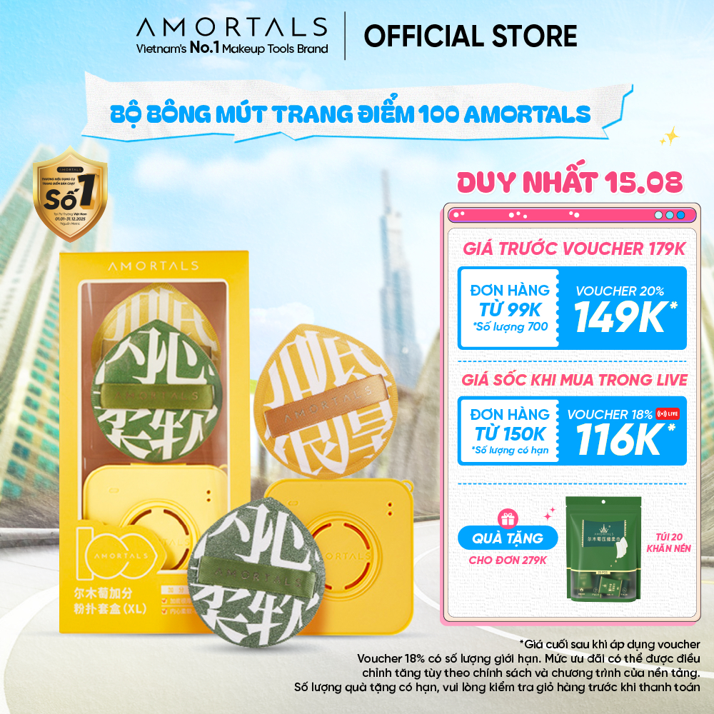 Bông Mút Trang Điểm AMORTALS 100 Size XL - Mềm Mại Đàn Hồi Cao Tặng Kèm Hộp Đựng