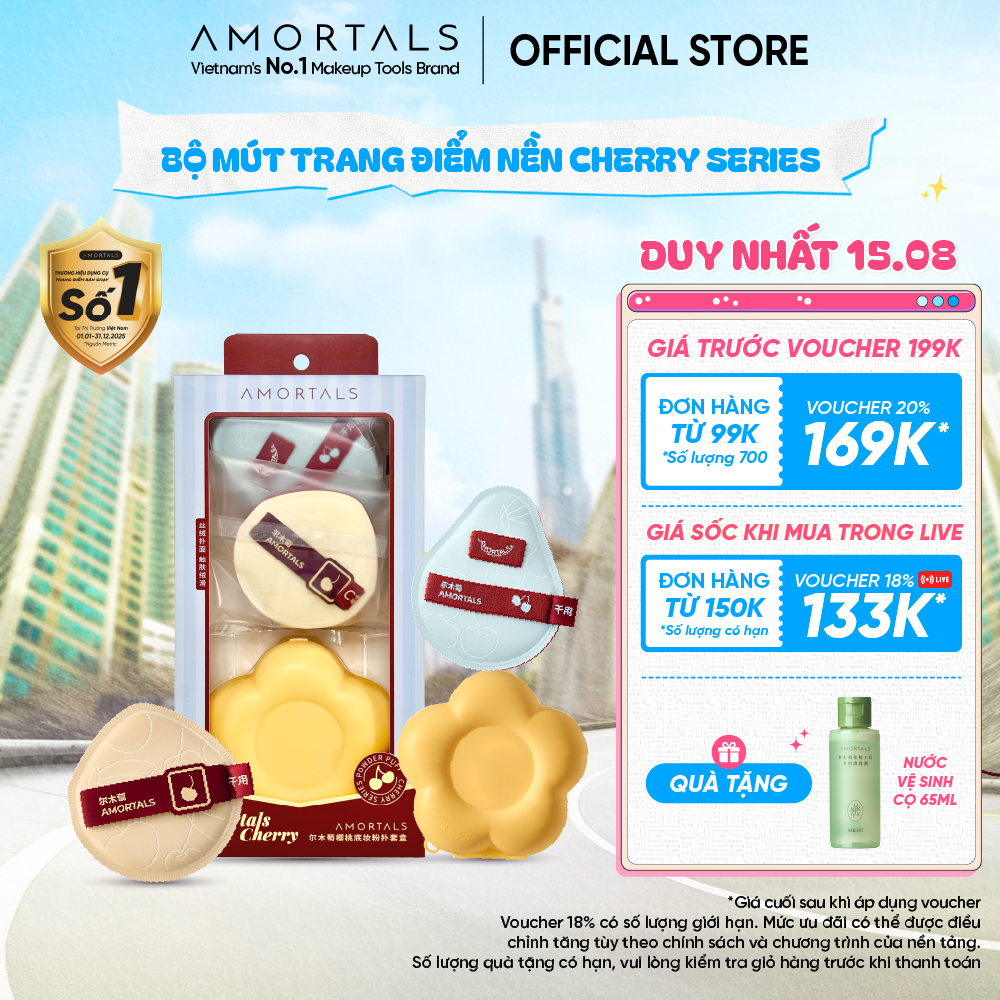 Bông Mút Trang Điểm Amortals Cherry 2 Series – Bề Mặt Nhung Mịn, Đàn Hồi, Tán Nền Nhanh, Không Hút Kem, Kèm Hộp Hoa