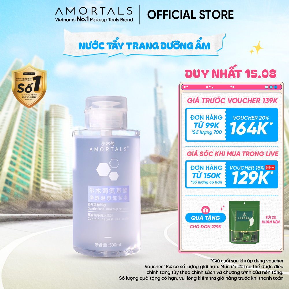 Nước Tẩy Trang Dưỡng Ẩm Sạch Sâu Amortals - Dịu Nhẹ Không Cay Mắt Phù Hợp Da Nhạy Cảm, Dung Tích 500ml